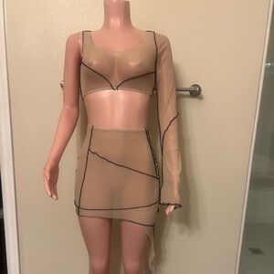 Chic Sheer Tan Two-Piece Set with Black Accents. Size M. Great Stretch. NWOT